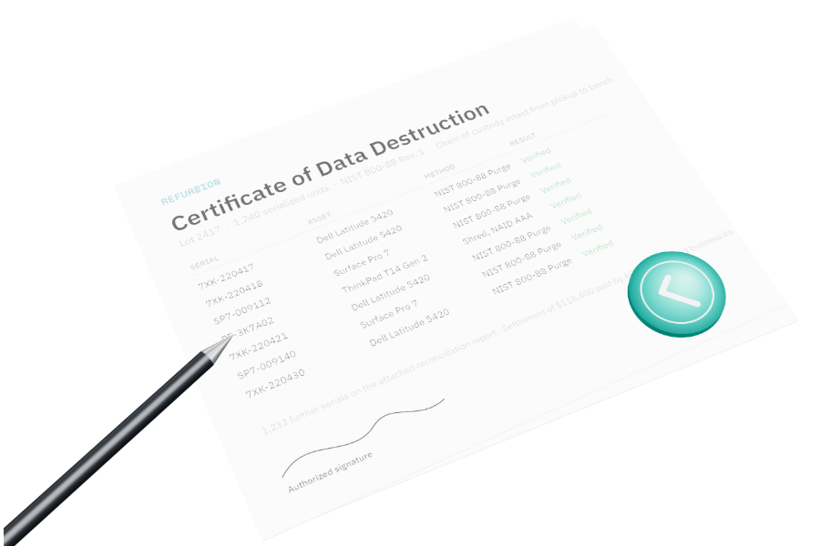 Signed certificate of data destruction with seal